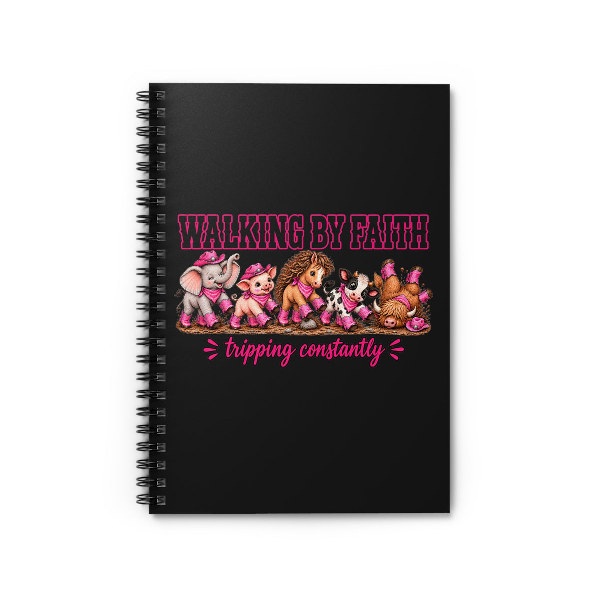 Walking By Faith Tripping Constantly Journal, Funny Christian Notebook, Cute Animal Black Spiral Notebook, Farm Animal Faith Gift for Her