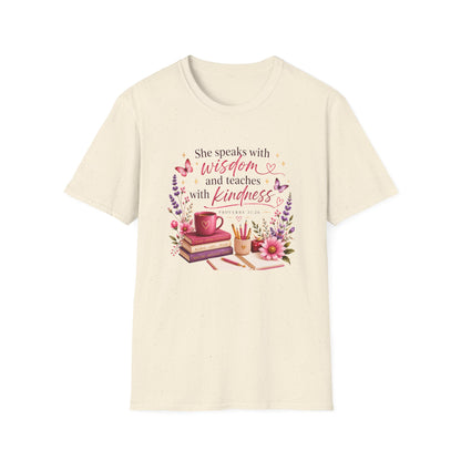 Christian Ladies' T-Shirt — "She speaks with wisdom and teaches with kindness" Floral Bible Verse Tee