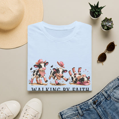 Walking By Faith Tripping Constantly T-Shirt – Cute Spotted Cow Design, Faith Humor Tee