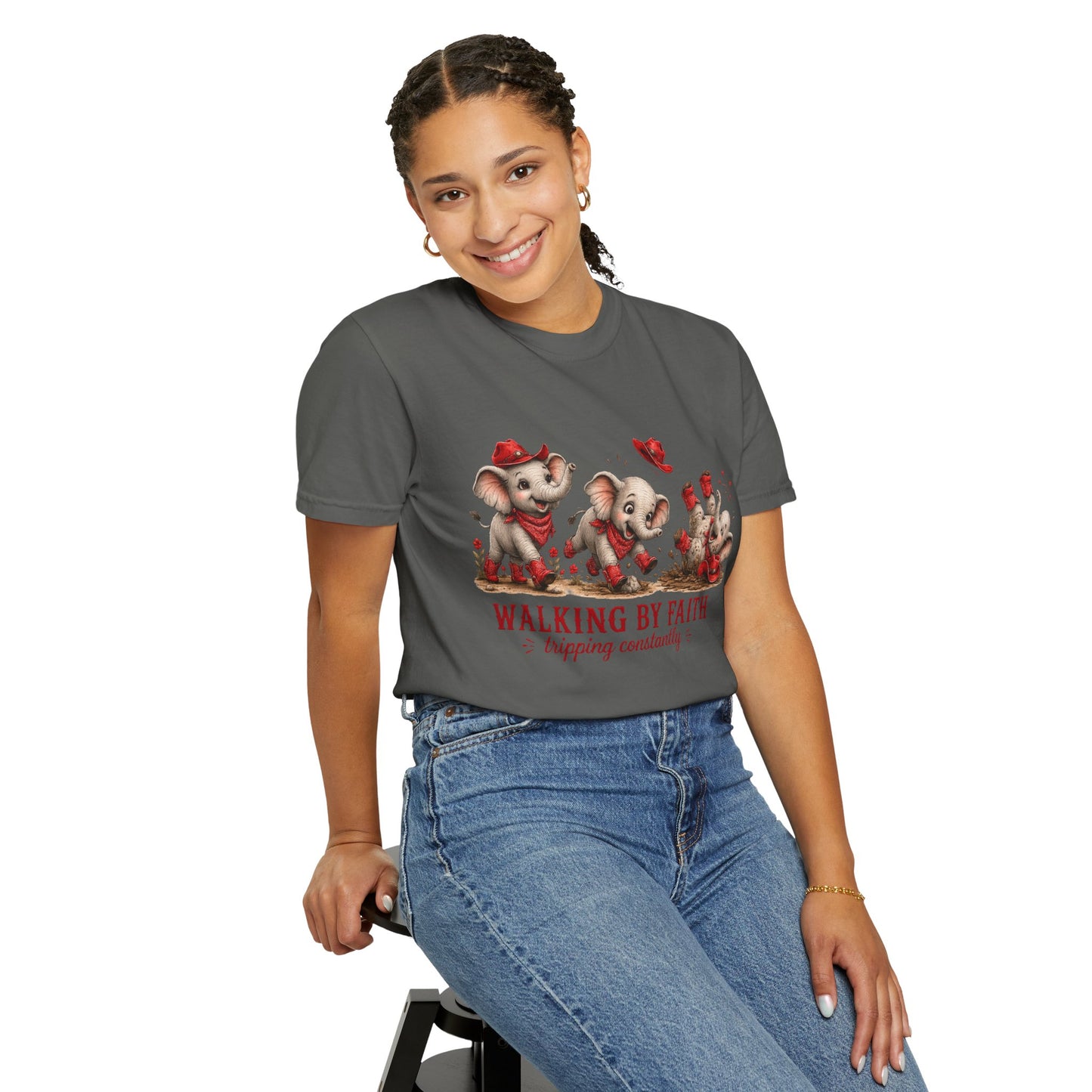 Comfort Colors® Walking By Faith tripping constantly T-Shirt | Cute Red Elephant Shirt