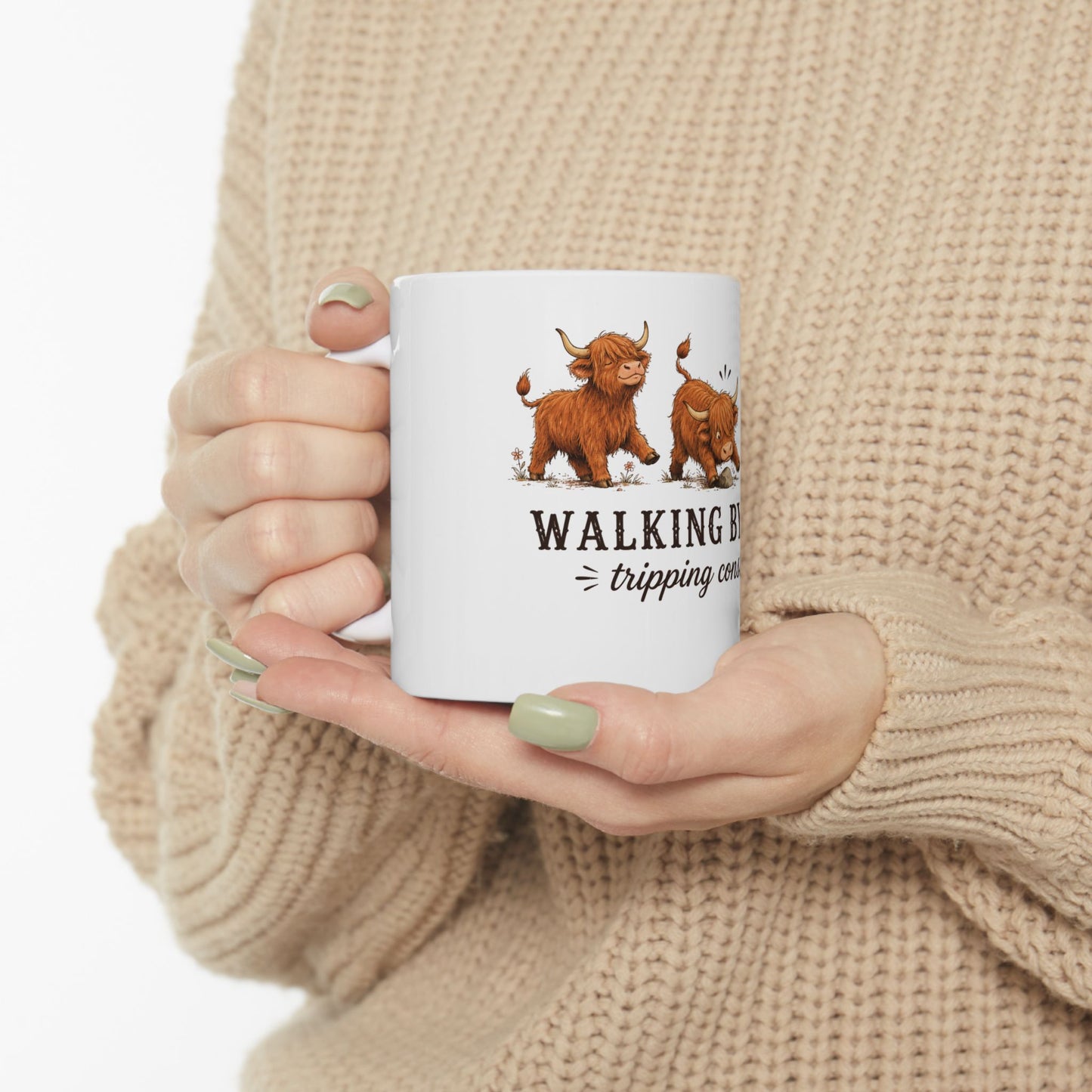 Walking By Faith Tripping Constantly Highland Cow Mug, Christian Coffee Cup, Funny Faith Humor Graphic Quote Religious Farmhouse Gift