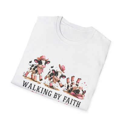 Walking By Faith Tripping Constantly T-Shirt – Cute Spotted Cow Design, Faith Humor Tee