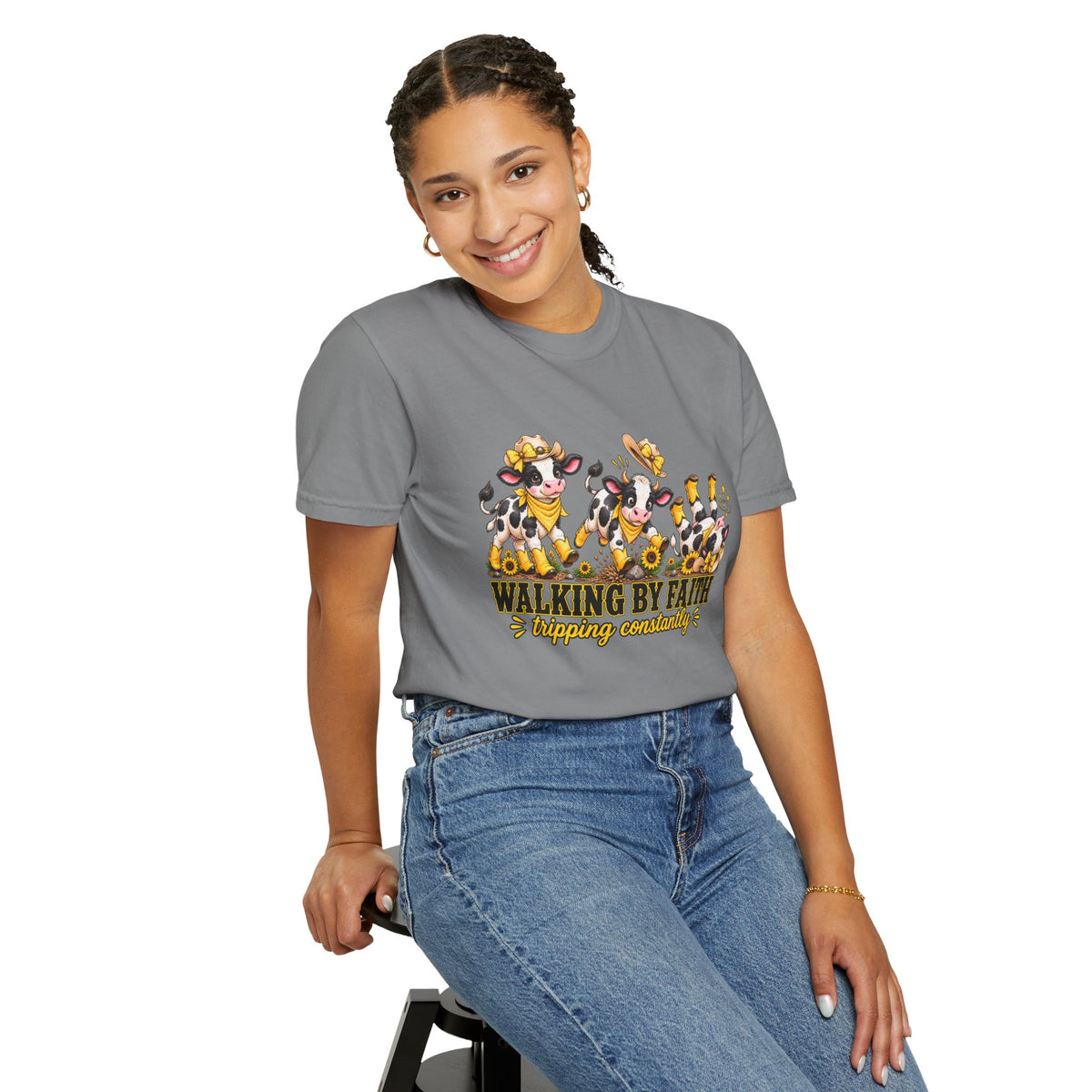 Comfort Colors® Walking By Faith Tripping Constantly Yellow Flowers Cow Shirt