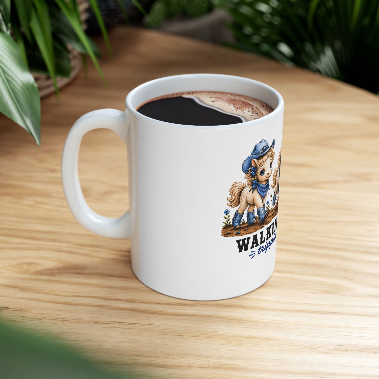 Walking By Faith Tripping Constantly Mug, White Coffee Mug, Denim Cowgirl Horse Mug, Whimsical Western Boots Hat Gift, Christian Cowgirl Mug