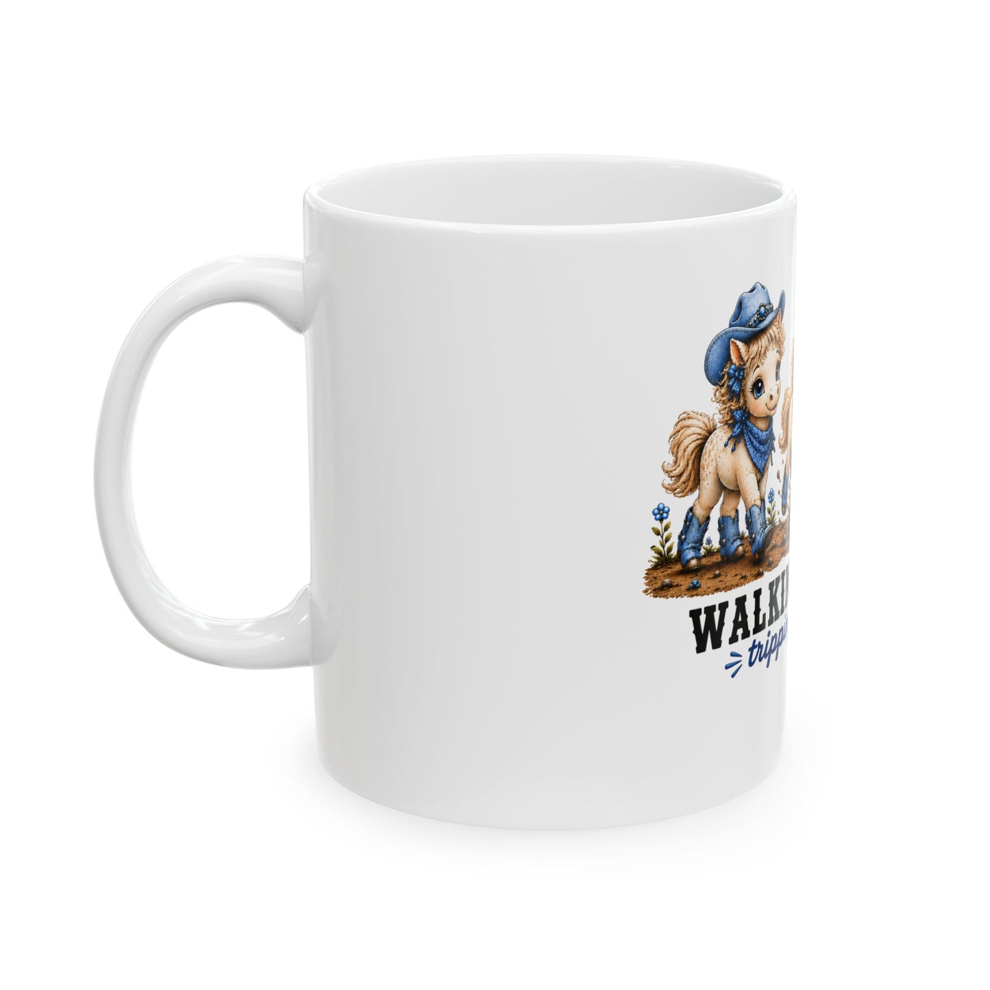 Walking By Faith Tripping Constantly Mug, White Coffee Mug, Denim Cowgirl Horse Mug, Whimsical Western Boots Hat Gift, Christian Cowgirl Mug