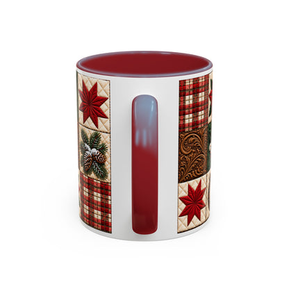 Western Christmas Patchwork Poinsette Quilt Style Mug, Cozy Country Horseshoe Snowflake Ceramic Coffee Mug, Rustic Holiday Farmhouse Gift
