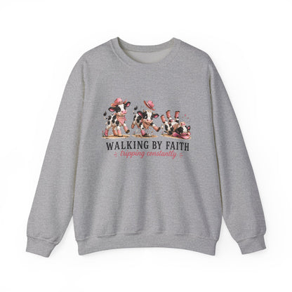 Walking By Faith Tripping Constantly Spotted Cow Sweatshirt