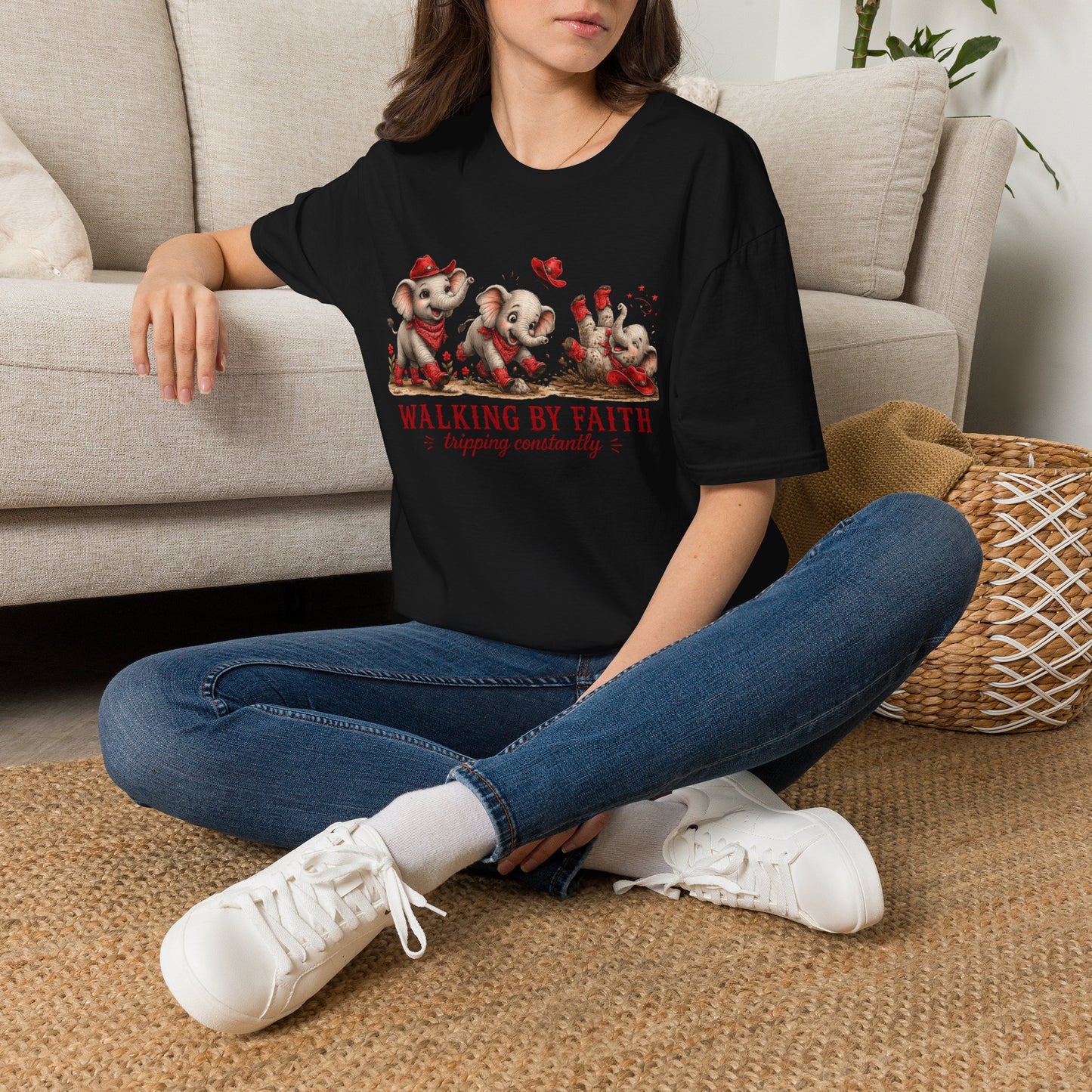 Walking By Faith Tripping Constantly T-Shirt – Cute Red Elephant Design, Faith Humor Tee