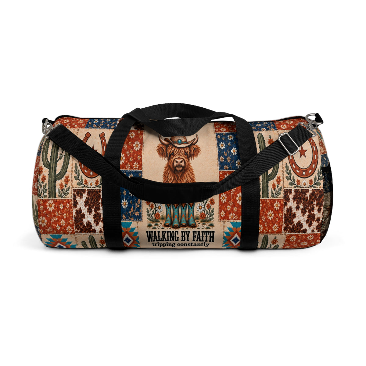 Walking By Faith Tripping Constantly Cow *Limited Edition* Duffel Bag, Western Highland Cow Patchwork Canvas Travel Bag, Rodeo Cowboy Gift