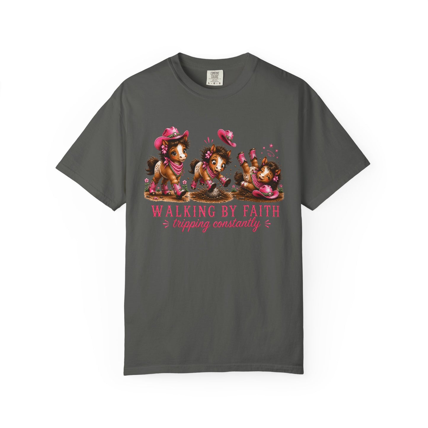 Comfort Colors® Walking By Faith Tripping Constantly Pretty Pink and Green Pony T-Shirt | Cute whimsical horse trendy religious faith Tee