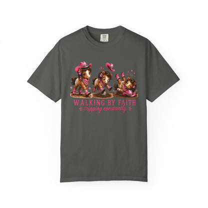 Comfort Colors® Walking By Faith Tripping Constantly Pretty Pink and Green Pony T-Shirt | Cute whimsical horse trendy religious faith Tee