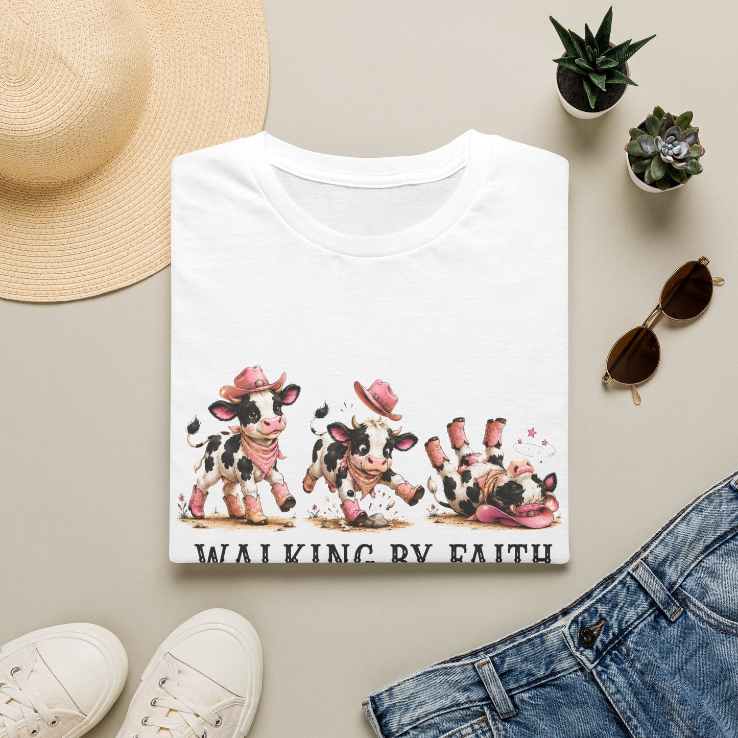 Walking By Faith Tripping Constantly T-Shirt – Cute Spotted Cow Design, Faith Humor Tee