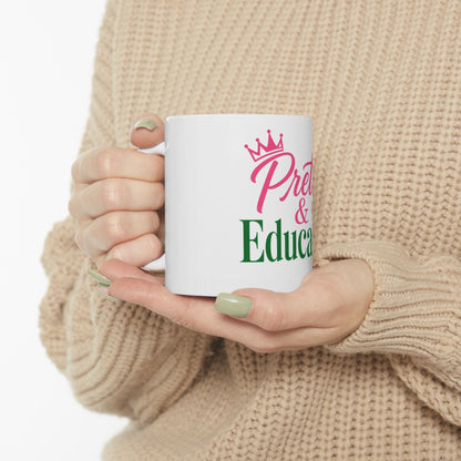 Pretty & Educated HBCU Mug | Black Girl College Coffee Cup, Pink Green Script Mug