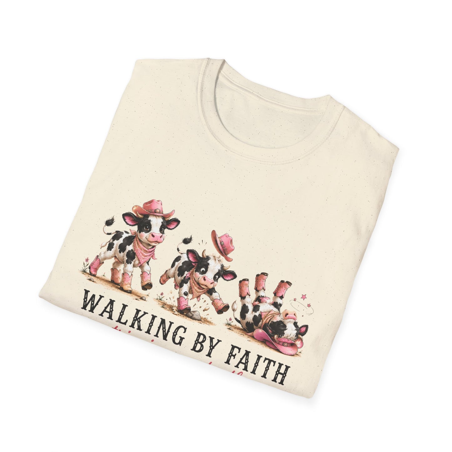 Walking By Faith Tripping Constantly T-Shirt – Cute Spotted Cow Design, Faith Humor Tee
