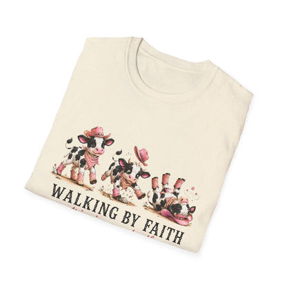 Walking By Faith Tripping Constantly T-Shirt – Cute Spotted Cow Design, Faith Humor Tee