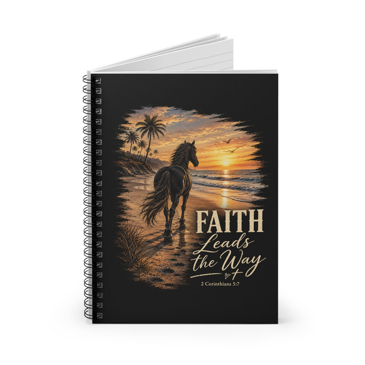 Faith Leads The Way Horse Journal | Christian Equestrian Gift | Horse Lover Bible Verse Notebook | 2 Corinthians 5:7 Spiral Journal