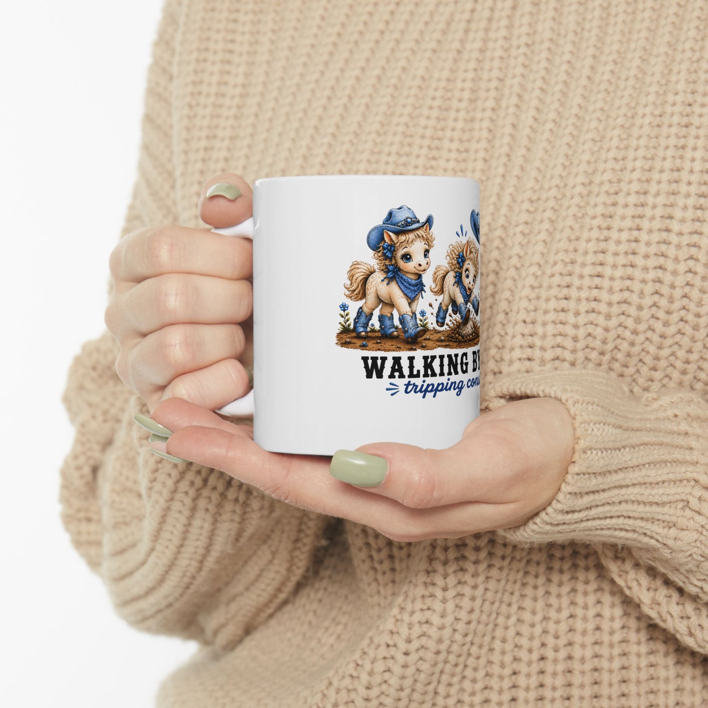 Walking By Faith Tripping Constantly Mug, White Coffee Mug, Denim Cowgirl Horse Mug, Whimsical Western Boots Hat Gift, Christian Cowgirl Mug