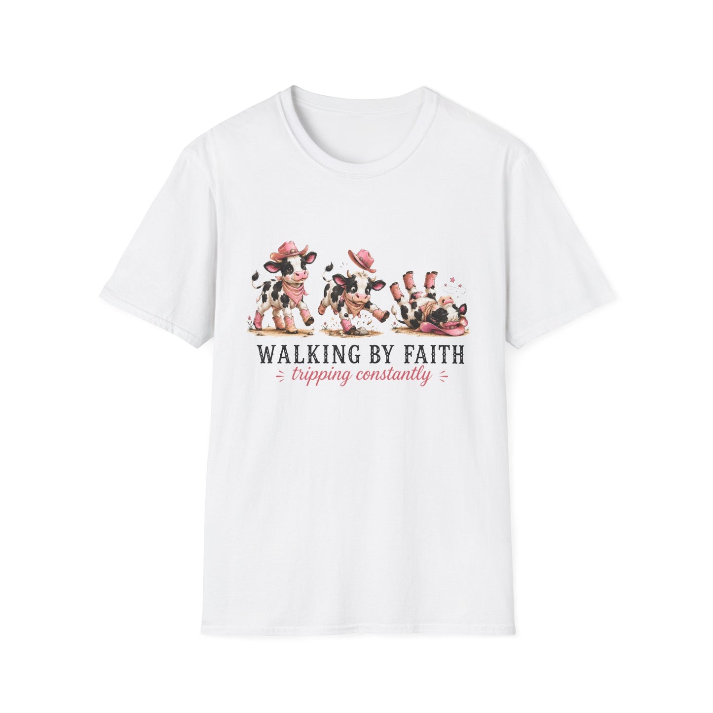 Walking By Faith Tripping Constantly T-Shirt – Cute Spotted Cow Design, Faith Humor Tee