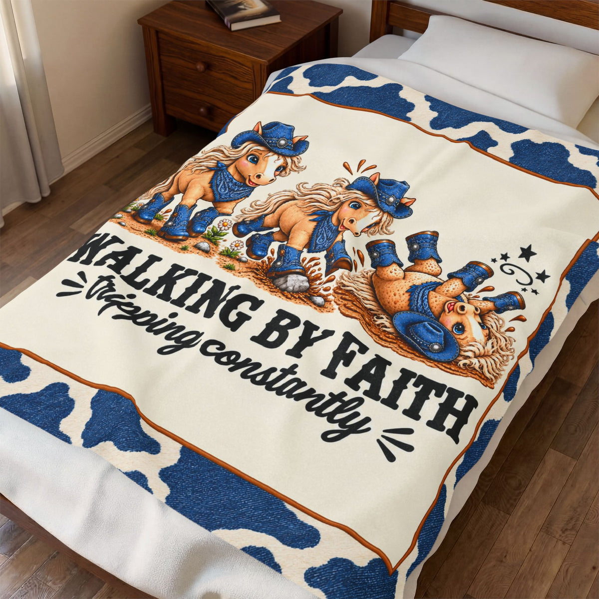 Walking by Faith Tripping Constantly Horse Blanket, Velveteen Denim Western Cowgirl, Gift for Teen Tween Horse Lover