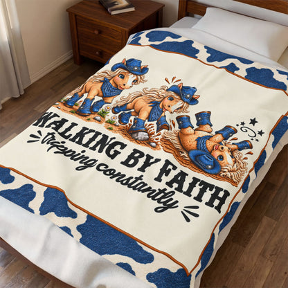 Walking by Faith Tripping Constantly Horse Blanket, Velveteen Denim Western Cowgirl, Gift for Teen Tween Horse Lover
