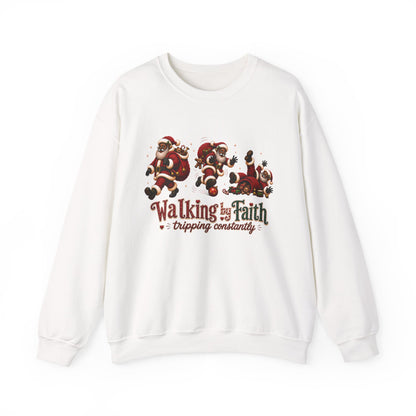 Walking By Faith Tripping Constantly Christmas Sweatshirt – Black Santa Crewneck, Afro American Holiday Shirt
