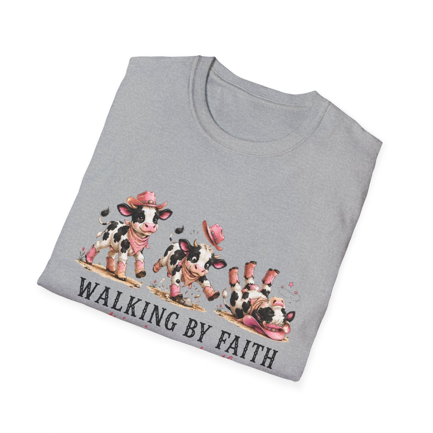 Walking By Faith Tripping Constantly T-Shirt – Cute Spotted Cow Design, Faith Humor Tee