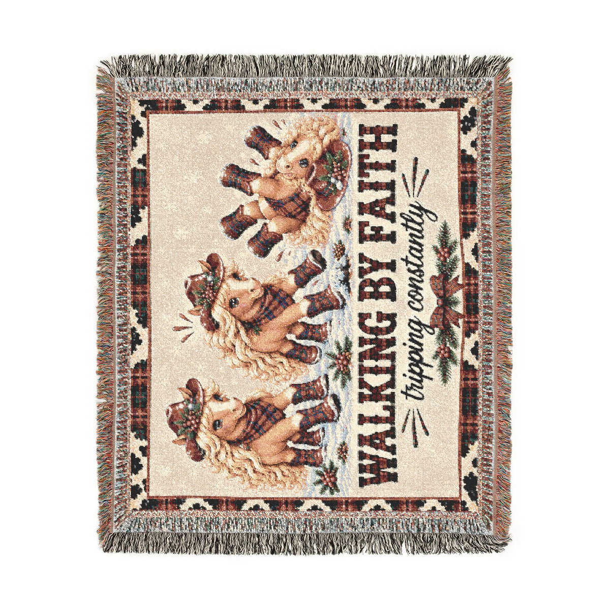 Walking By Faith Tripping Constantly Horse Christmas Woven Blanket, Plaid Cowgirl Horse Tapestry, Western Holiday Print  Home Decor Gift