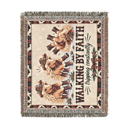 Walking By Faith Tripping Constantly Horse Christmas Woven Blanket, Plaid Cowgirl Horse Tapestry, Western Holiday Print  Home Decor Gift