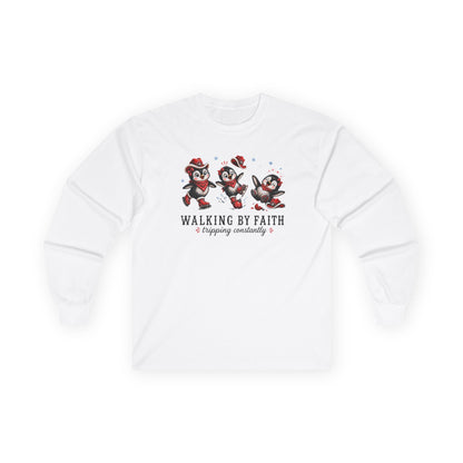 Walking By Faith Tripping Constantly Unisex Long Sleeve Shirt, Christmas Penguin Figure Skating Sweatshirt, Holiday Penguin Lover Gift