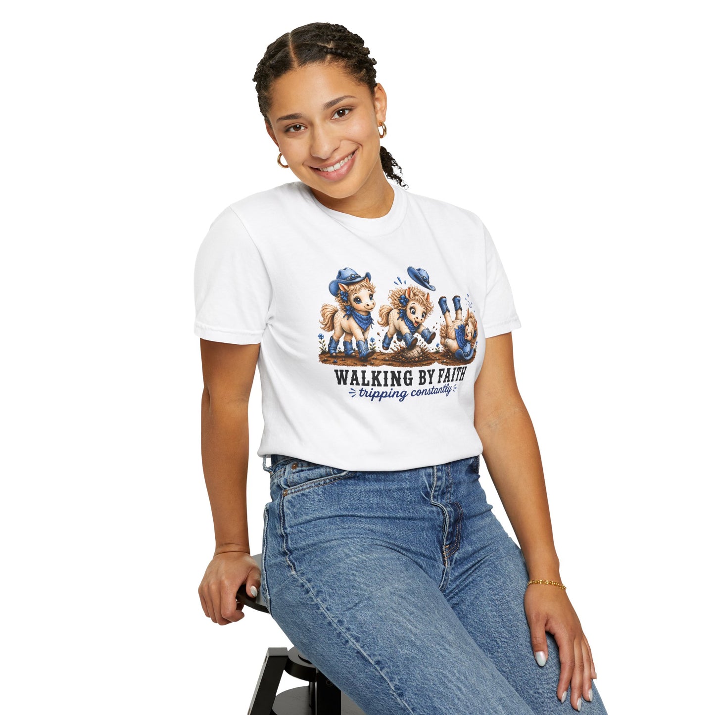 Comfort Colors® Walking By Faith Tripping Constantly Tee, Denim Blue Cowgirl Horse Shirt, Cute Whimsical Western Shirt, Cowboy Boots Tee