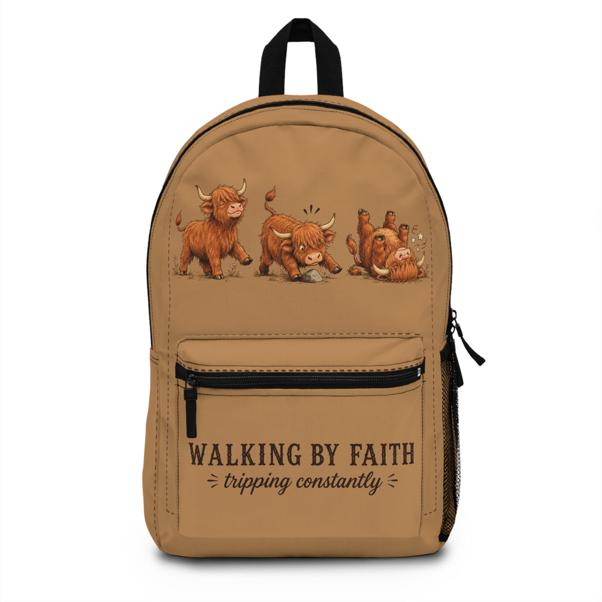 Walking By Faith Tripping Constantly Cow Backpack, Western Cowgirl Faith Bag Lightweight, Highland Cow Lover Gift, Toddler, College Backpack
