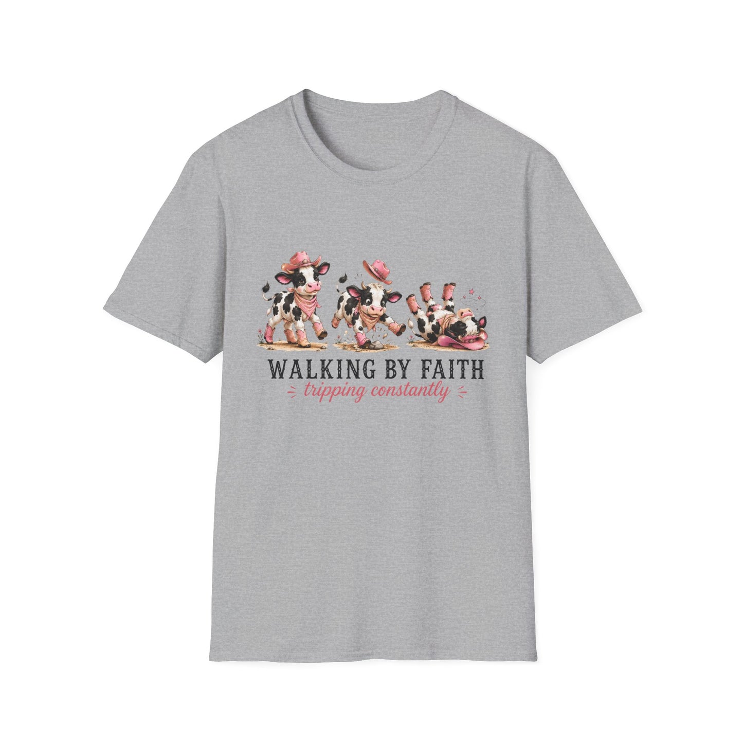 Walking By Faith Tripping Constantly T-Shirt – Cute Spotted Cow Design, Faith Humor Tee