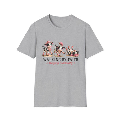 Walking By Faith Tripping Constantly T-Shirt – Cute Spotted Cow Design, Faith Humor Tee