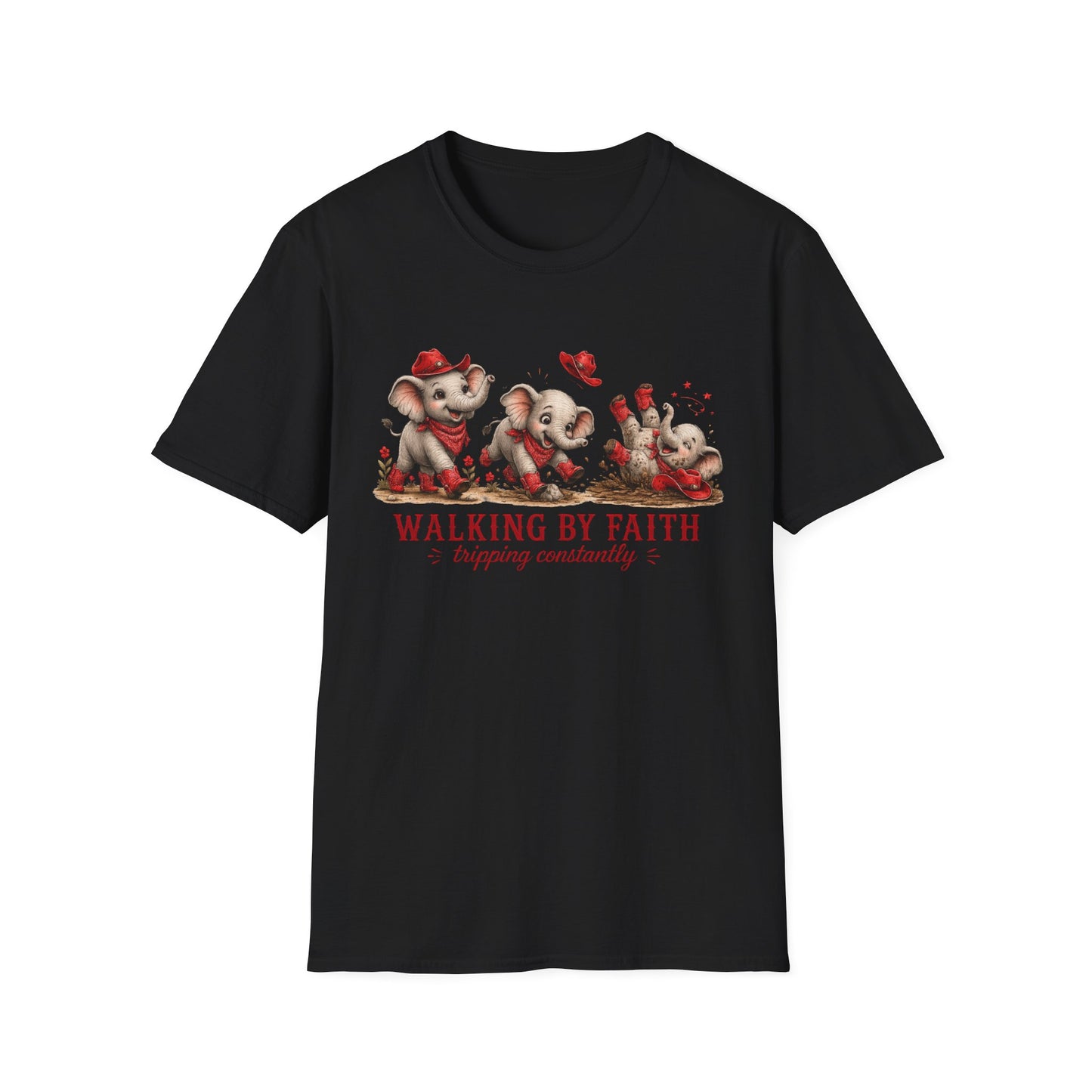 Walking By Faith Tripping Constantly T-Shirt – Cute Red Elephant Design, Faith Humor Tee