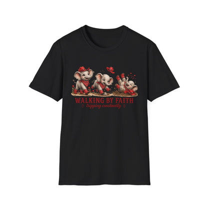 Walking By Faith Tripping Constantly T-Shirt – Cute Red Elephant Design, Faith Humor Tee