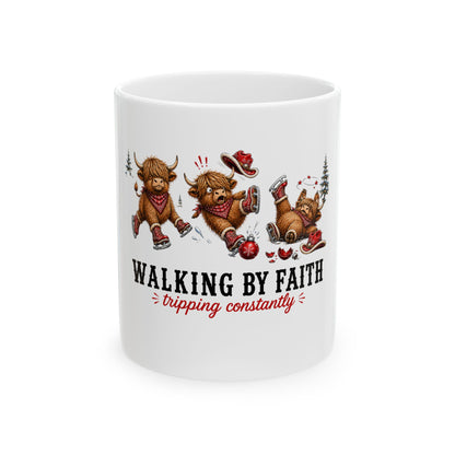 Walking By Faith Tripping Constantly Mug, Christmas Gift Highland Cow Lover, Faith Religious Christian Coffee Mug, Winter Holiday Gift