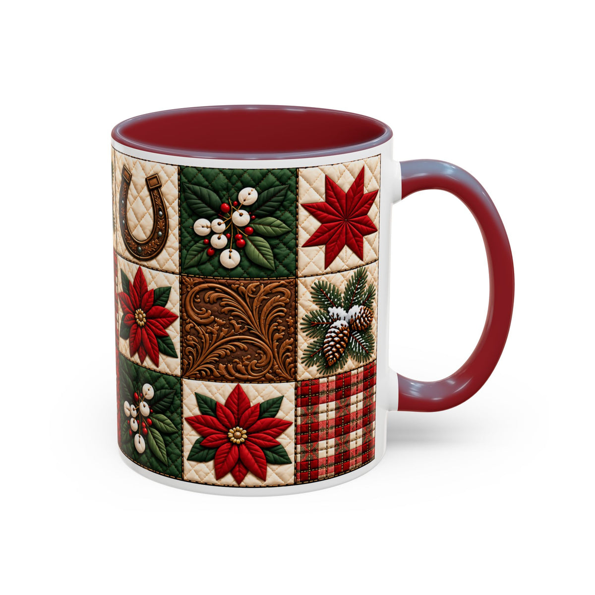 Western Christmas Patchwork Poinsette Quilt Style Mug, Cozy Country Horseshoe Snowflake Ceramic Coffee Mug, Rustic Holiday Farmhouse Gift