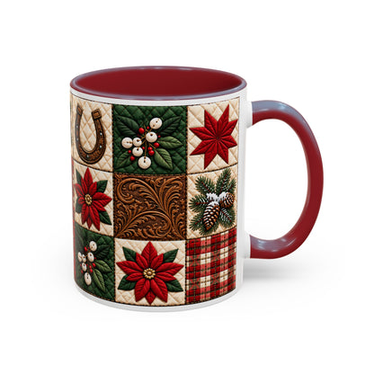 Western Christmas Patchwork Poinsette Quilt Style Mug, Cozy Country Horseshoe Snowflake Ceramic Coffee Mug, Rustic Holiday Farmhouse Gift