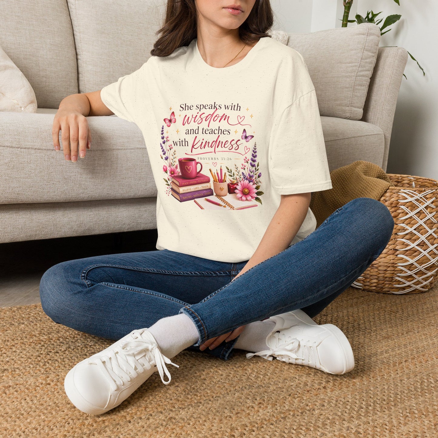 Christian Ladies' T-Shirt — "She speaks with wisdom and teaches with kindness" Floral Bible Verse Tee