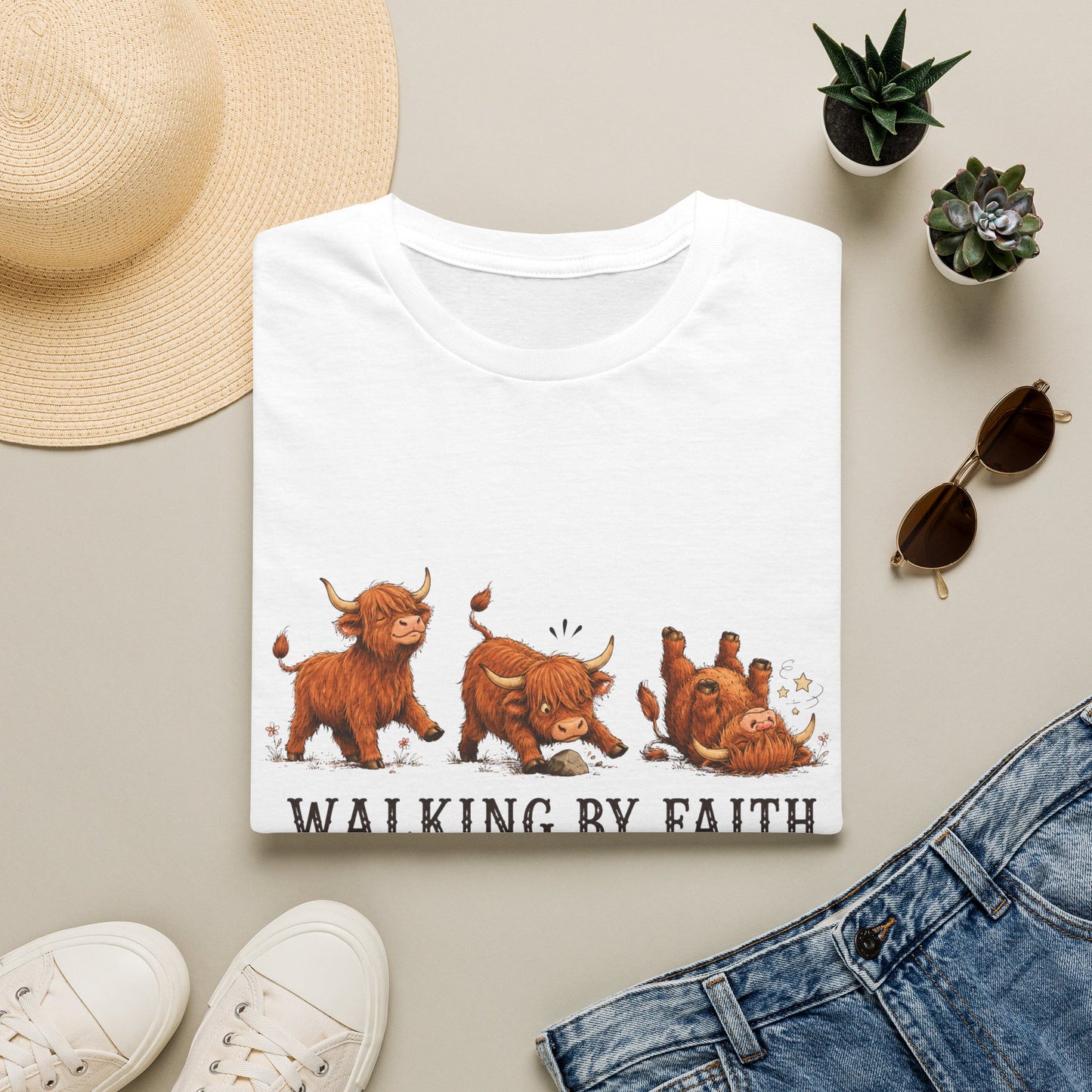 Walking By Faith Tripping Constantly T-Shirt – Cute Highland Cow Design, Faith Humor Tee