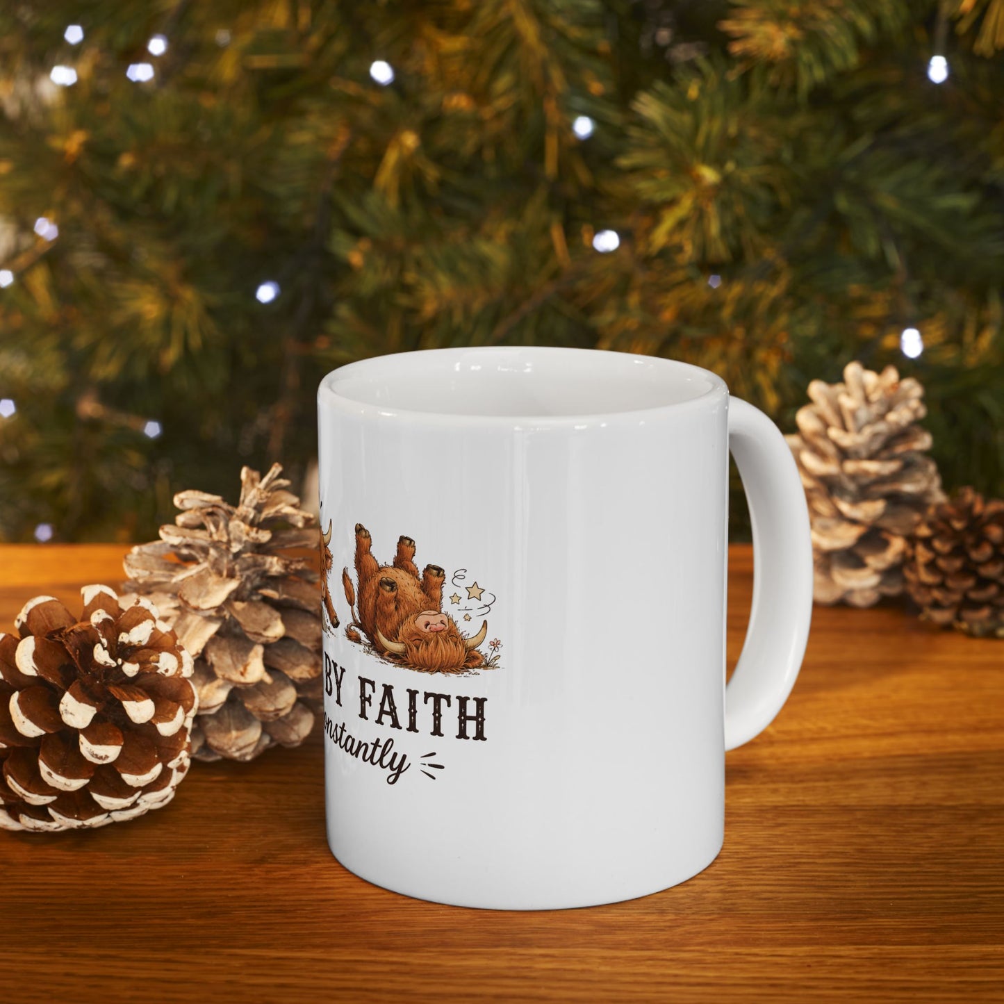 Walking By Faith Tripping Constantly Highland Cow Mug, Christian Coffee Cup, Funny Faith Humor Graphic Quote Religious Farmhouse Gift