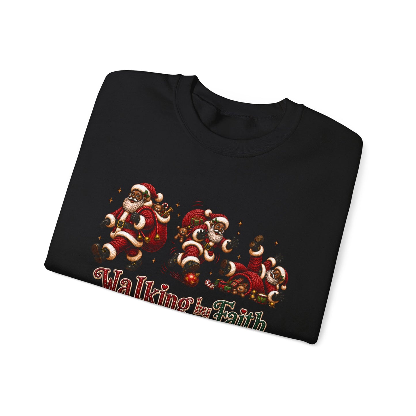 Walking By Faith Tripping Constantly Christmas Sweatshirt – Black Santa Crewneck, Afro American Holiday Shirt