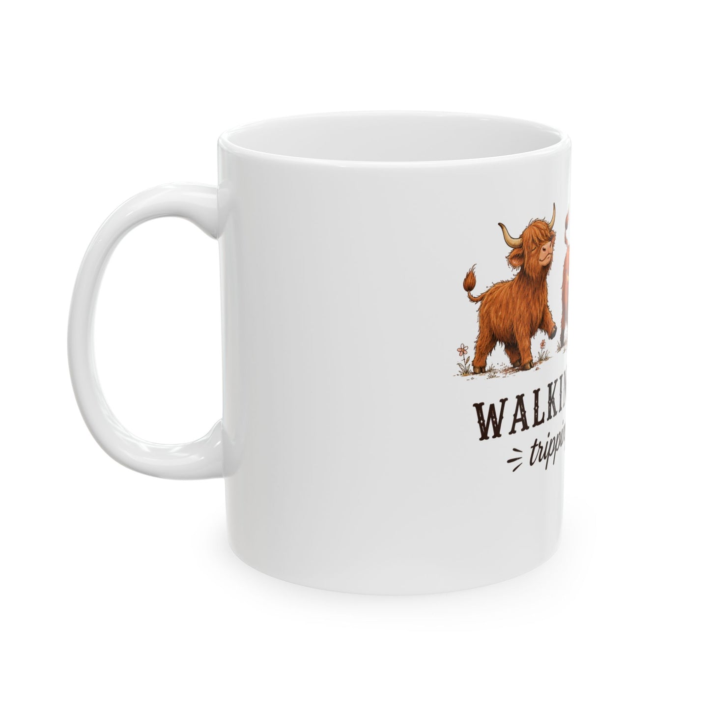 Walking By Faith Tripping Constantly Highland Cow Mug, Christian Coffee Cup, Funny Faith Humor Graphic Quote Religious Farmhouse Gift