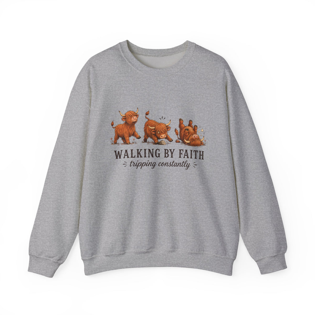 Walking By Faith Tripping Constantly Highland Cow Christmas Winter Sweatshirt