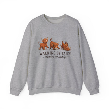 Walking By Faith Tripping Constantly Highland Cow Christmas Winter Sweatshirt