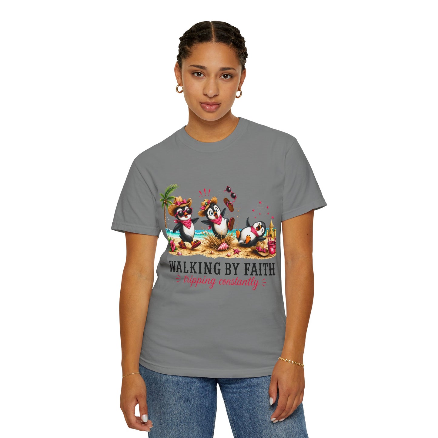 Comfort Colors® Walking By Faith Tripping Constantly Shirt, Beach Penguin Shirt, Summer Vacation Tee, Funny Penguin Tee, Faith Based Shirt