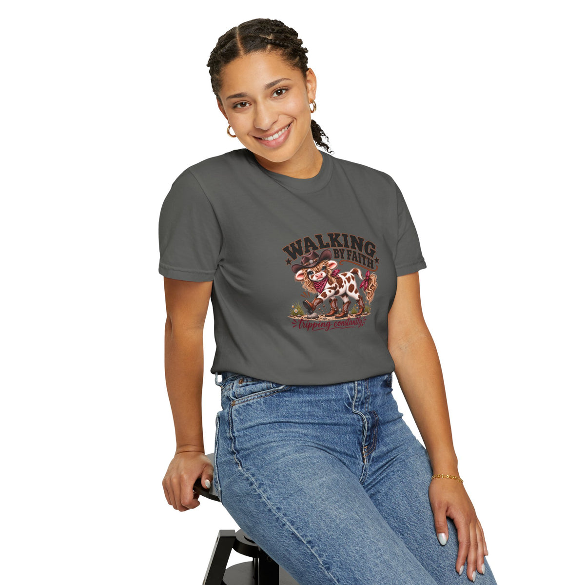 Walking By Faith Tripping Constantly Sassy Cow Comfort Colors® Cowgirl Tee