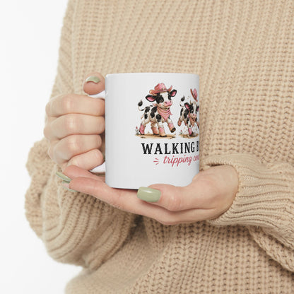 Walking By Faith Tripping Constantly Cow Mug, Christian Coffee Cup, Funny Faith Humor Graphic Quote Religious Farmhouse Coffee Mug Gift