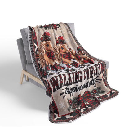 Walking By Faith Tripping Constantly Christmas Sherpa Blanket, Plaid Cowgirl Horse Throw, Western Holiday Cow Print Fleece Blanket