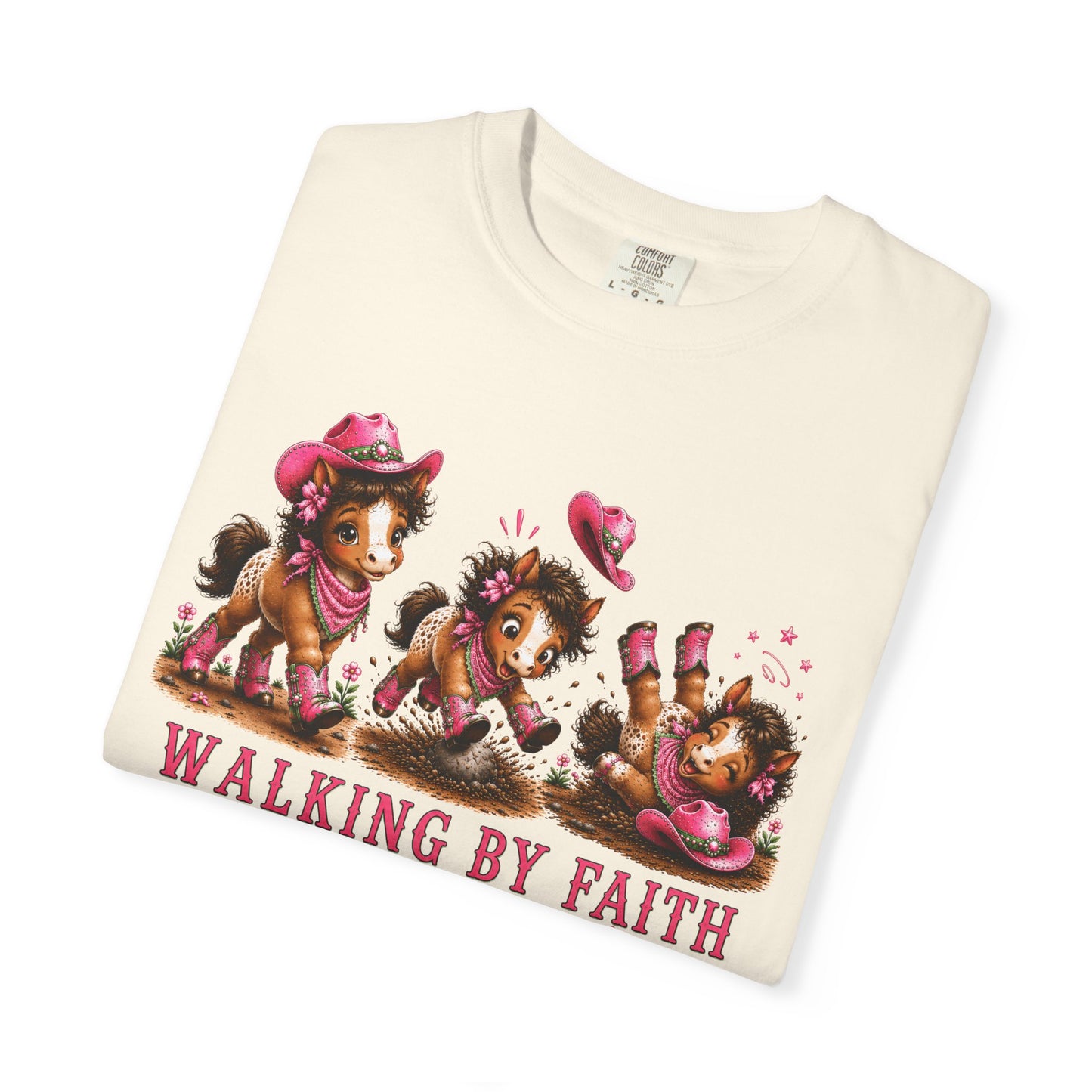 Comfort Colors® Walking By Faith Tripping Constantly Pretty Pink and Green Pony T-Shirt | Cute whimsical horse trendy religious faith Tee